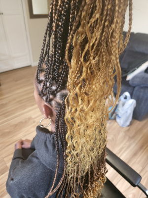 Long straight braids pulled back.