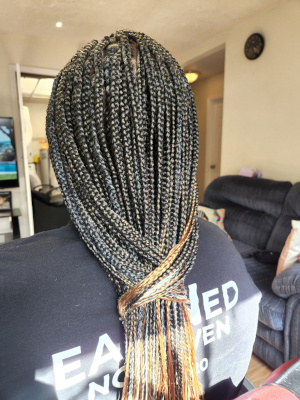 Neatly tied back box braids with golden tips.